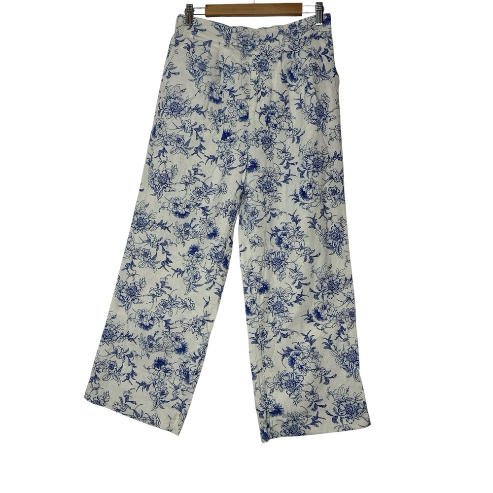 Jason Wu Wide Leg Pants Womens Size 2 Vienna Porcelain Print Linen Blend Blue